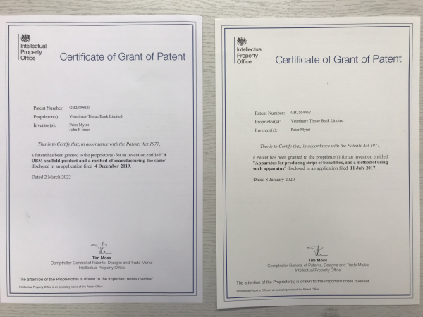 Veterinary tissue bank received second UK patent.